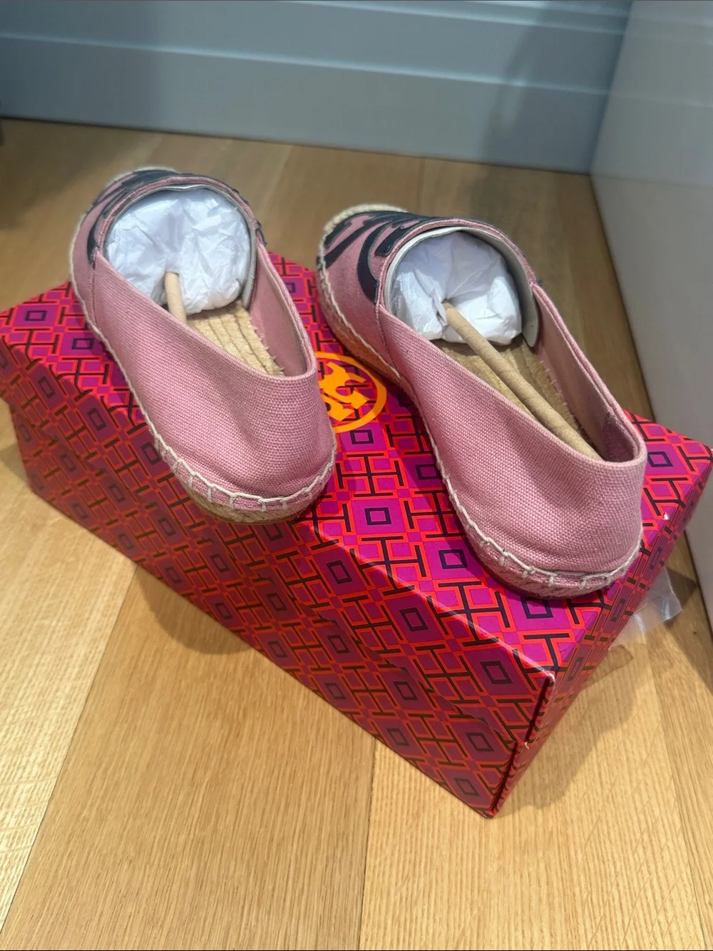Tory Burch Pink Canvas Espadrilles with Navy Logo Medallion